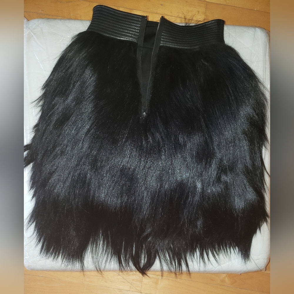KYMERAH jet black long goat hair leather waist shirt